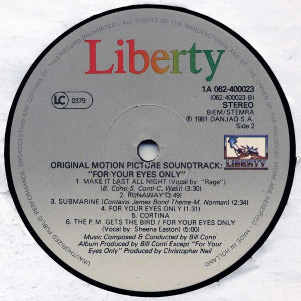 Bill Conti – For Your Eyes Only (Original Motion Picture Soundtrack), image 4