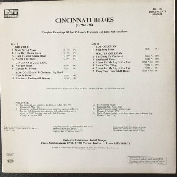 Bob Coleman – Cincinnati Blues (1928-1936) - Complete Recordings Of Bob Coleman's Cincinnati Jug Band And Associates, image 2