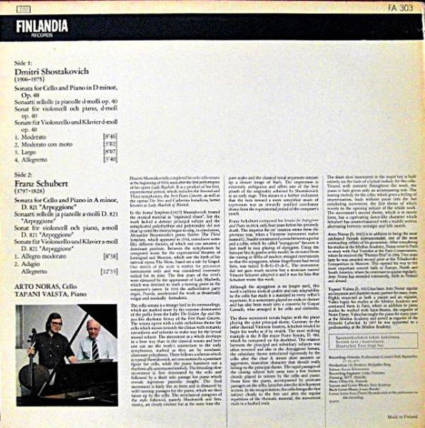 Dmitri Shostakovich / Franz Schubert - Arto Noras • Tapani Valsta – Sonata For Cello And Piano / Sonata For Cello And Piano ”Arpeggione”, image 2