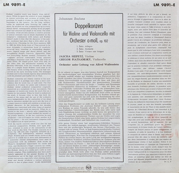 Johannes Brahms, Heifetz, Piatigorsky – Doppelkonzert Für Violine Und Violoncello Mit Orchester A-moll, Op. 102, image 2