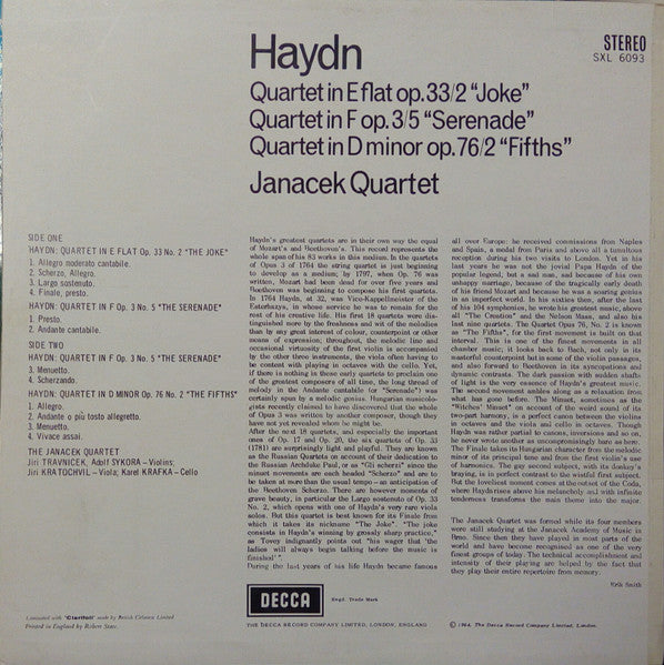 Haydn - Janacek Quartet – Quartet In E Flat Op. 33/2 "Joke" / Quartet In F Op. 3/5 "Serenade" / Quartet In D Minor Op. 76/2 "Fifths", image 2