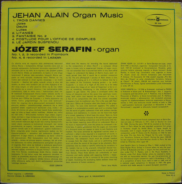 Józef Serafin, Jehan Alain – Józef Serafin Plays Organ Works By Jehan Alain, image 2
