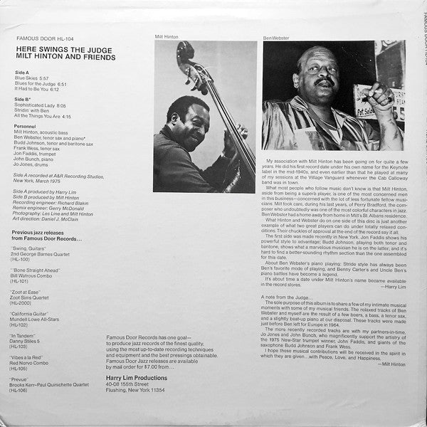 Milt Hinton And Friends With Ben Webster, Jon Faddis & Budd Johnson – Here Swings The Judge, image 2