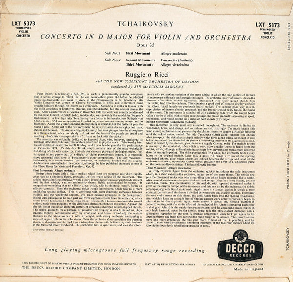 Ruggiero Ricci, Sir Malcolm Sargent, Tchaikovsky, The New Symphony Orchestra – Violin Concerto In D Major, image 2