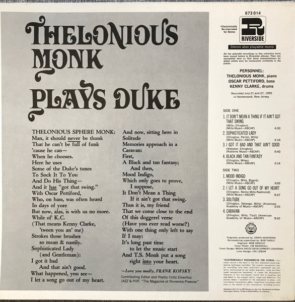 Thelonious Monk – Thelonious Monk Plays Duke, image 2