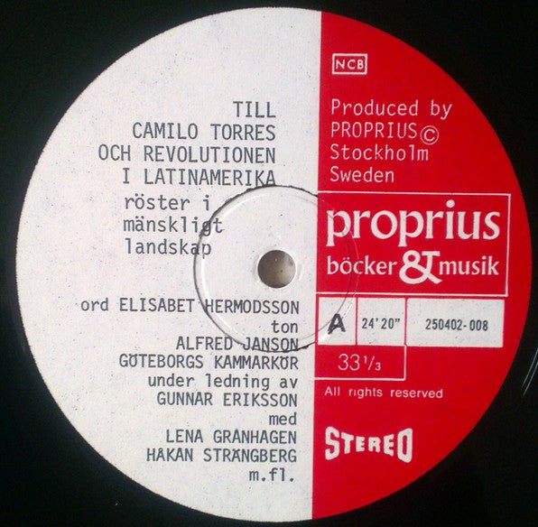 Elisabet Hermodsson, Alfred Janson, Göteborgs Kammarkör, Gunnar Eriksson, Lena Granhagen, Håkan Strängberg – Till Camilo Torres Och Revolutionen I Latin Amerika, image 3
