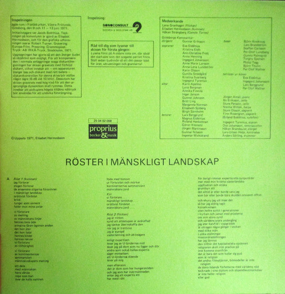 Elisabet Hermodsson, Alfred Janson, Göteborgs Kammarkör, Gunnar Eriksson, Lena Granhagen, Håkan Strängberg – Till Camilo Torres Och Revolutionen I Latin Amerika, image 5